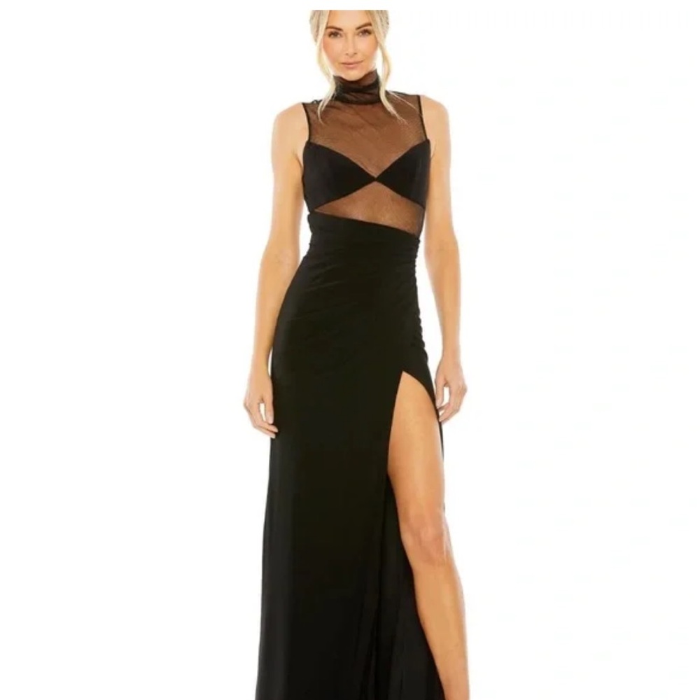 Mac Duggal Sexy Sheer Cutout High Slit Mock Neck Maxi Size M